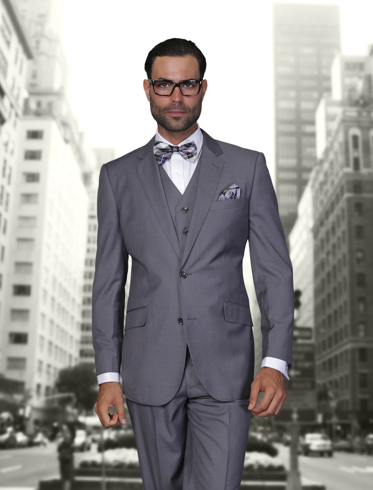 STZV-100 3PC 2 BUTTON SOLID COLOR CHARCOAL MENS SUIT WITH A VEST